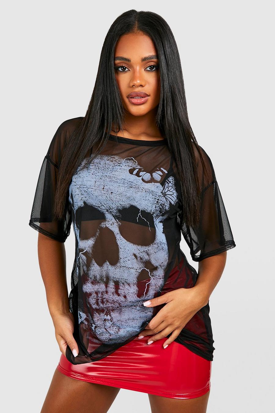 Black Halloween Skull Printed Mesh Oversized T-shirt image number 1