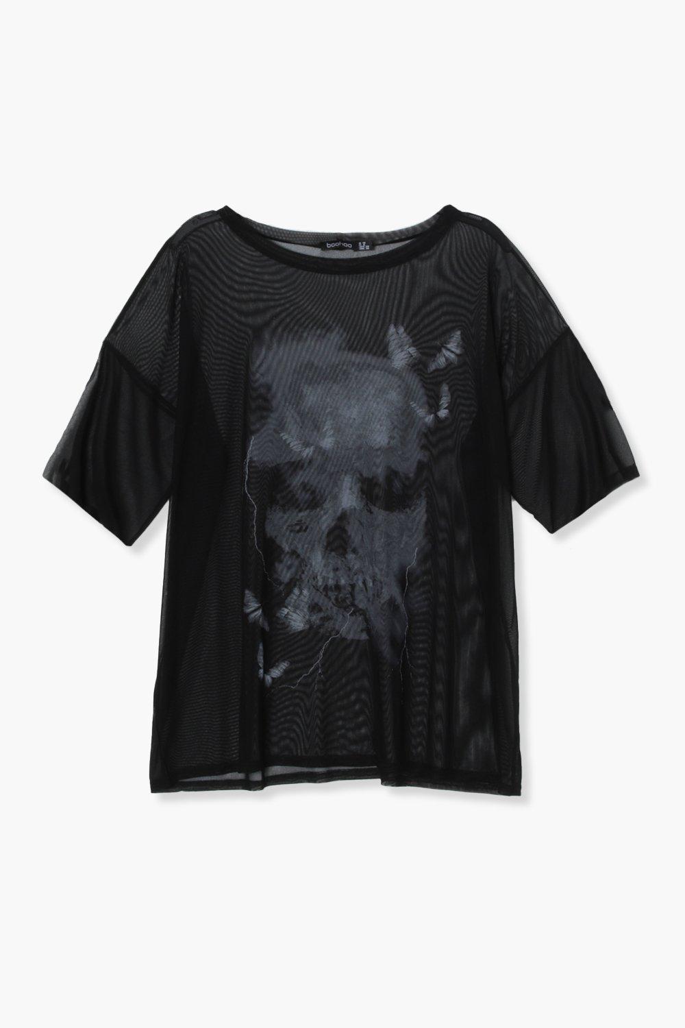 Halloween Skull Printed Mesh Oversized T-shirt | boohoo