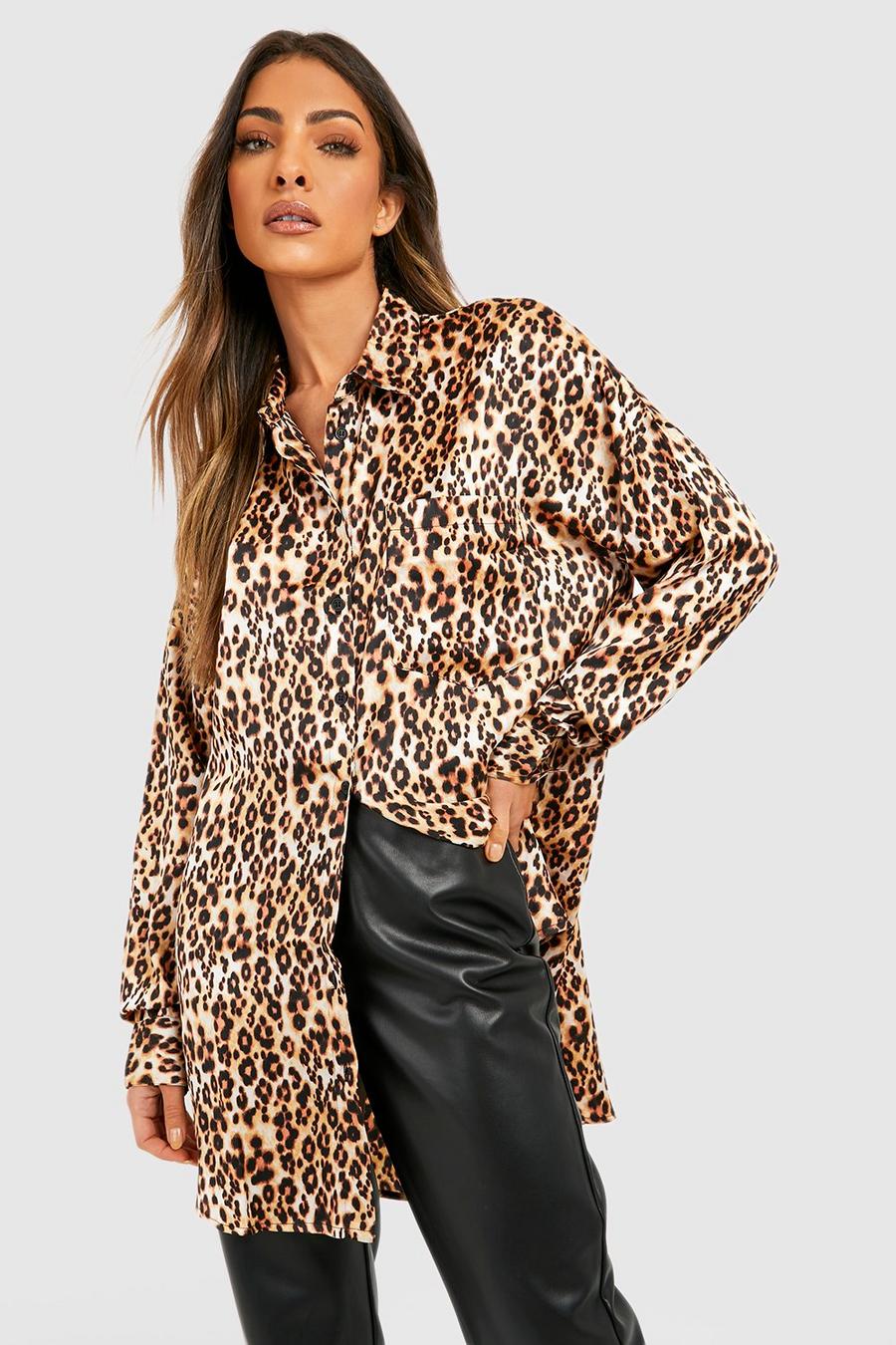 Brown Leopard Print Satin Oversized Pocket Shirt