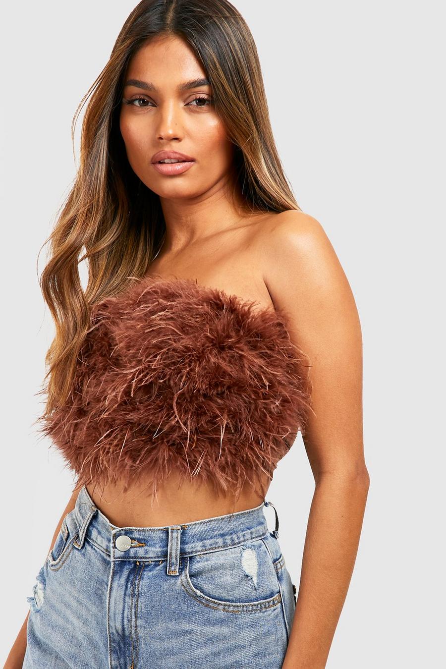 Chocolate Feather Bandeau Crop Top image number 1