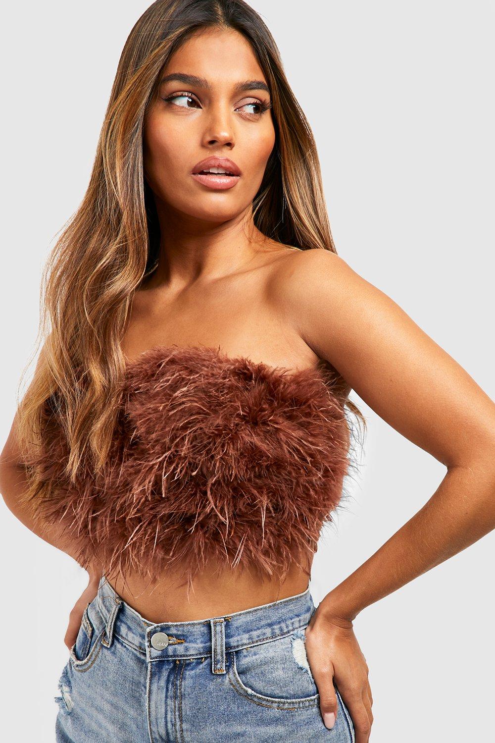 Women's Ostrich Feather Top Bandeau Tube Top Strapless Fur Bra