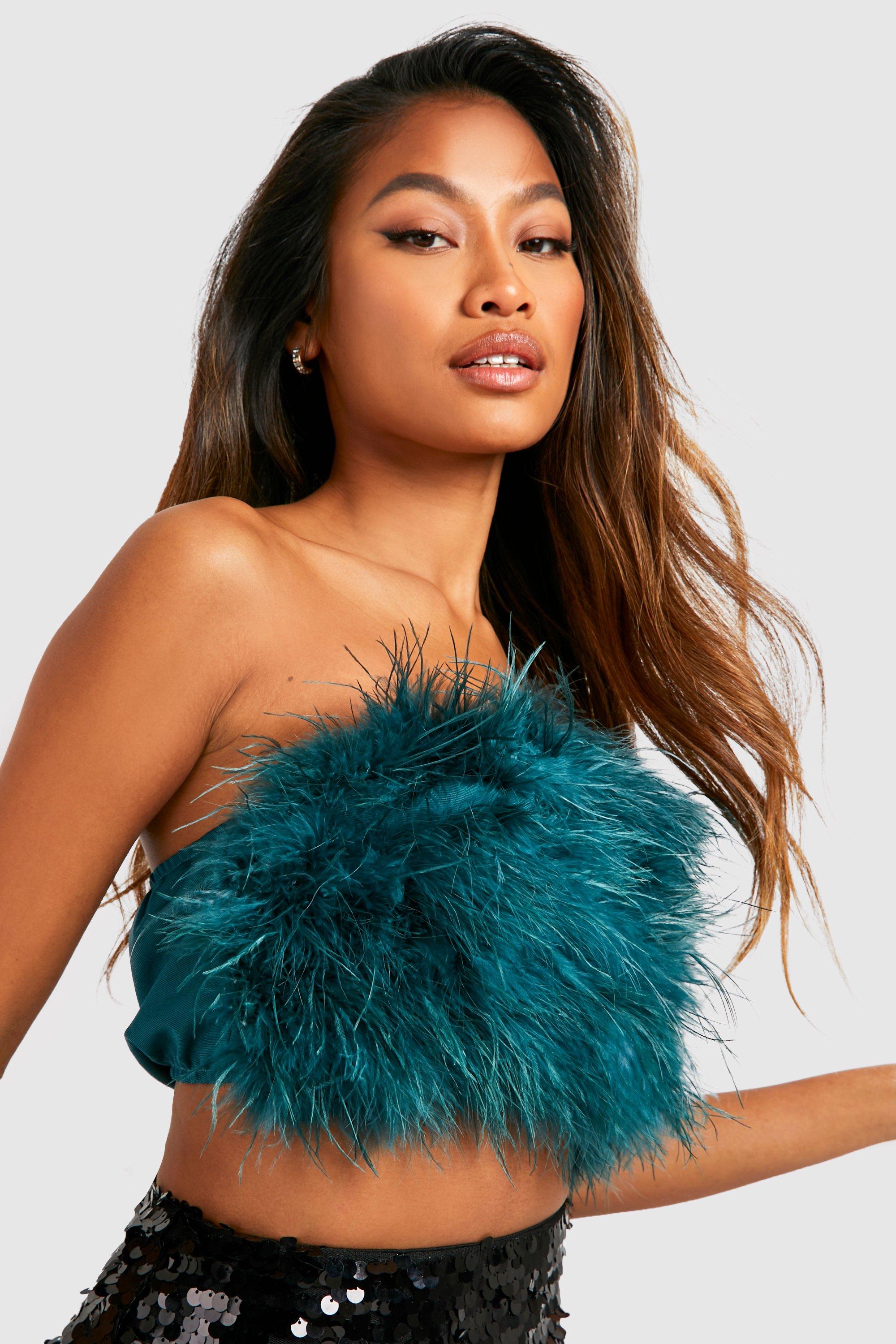 Women's Teal Feather Bandeau Crop Top