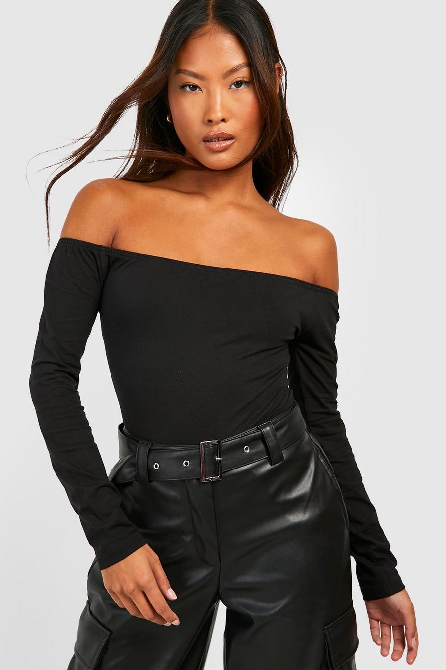 Black Petite Basic Bardot Long Sleeve Bodysuit  image number 1