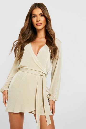 Champagne Beige Textured Slinky Belted Wrap Dress