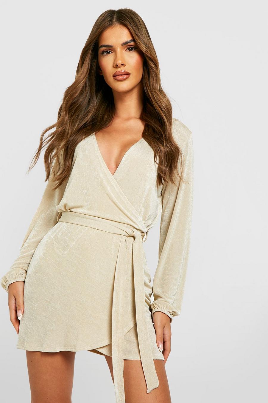 Champagne Textured Slinky Belted Wrap Dress