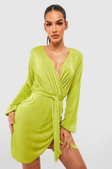 Chartreuse Yellow Textured Slinky Belted Wrap Dress