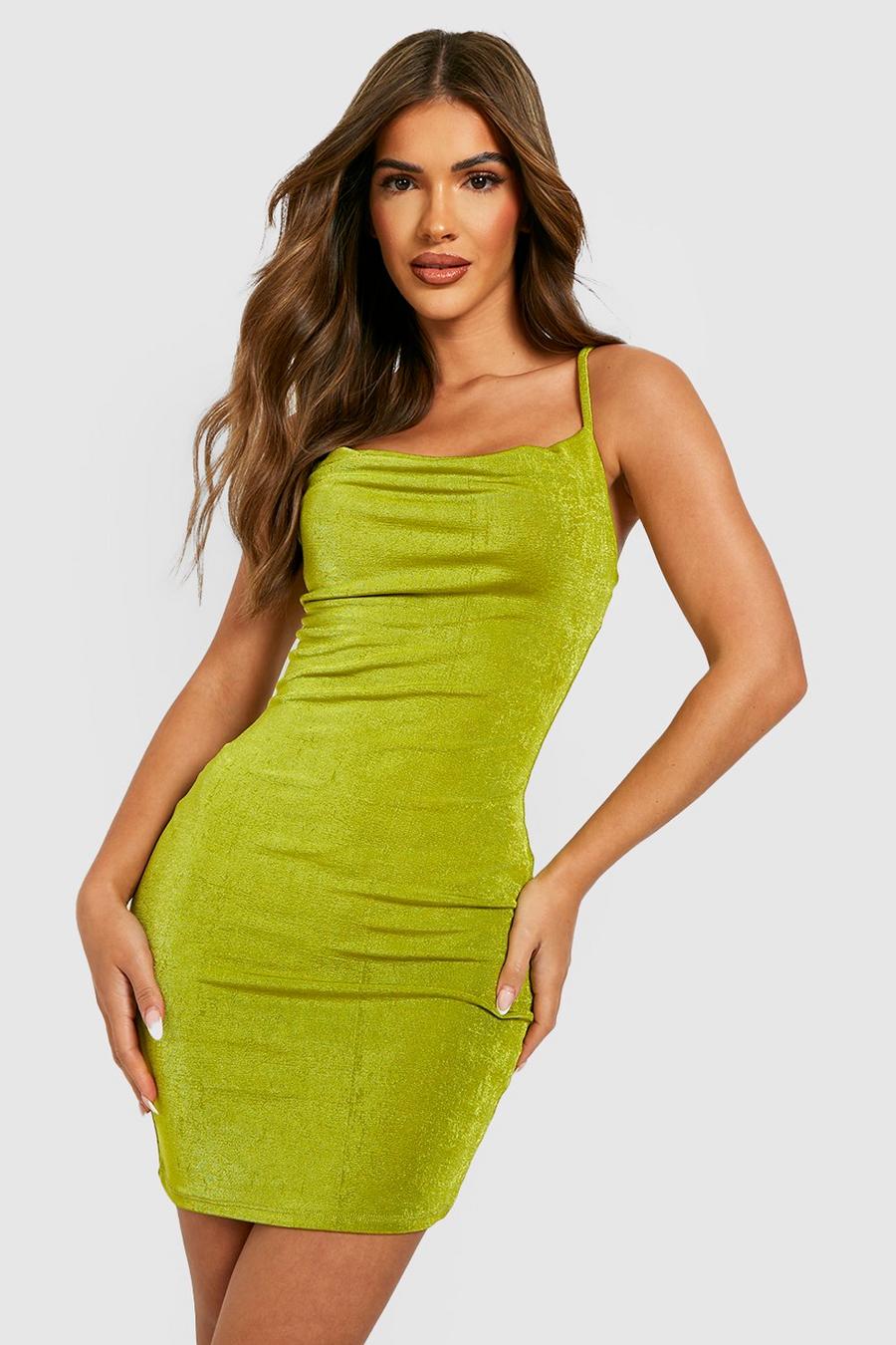Olive grön Draperad glansig klänning med struktur