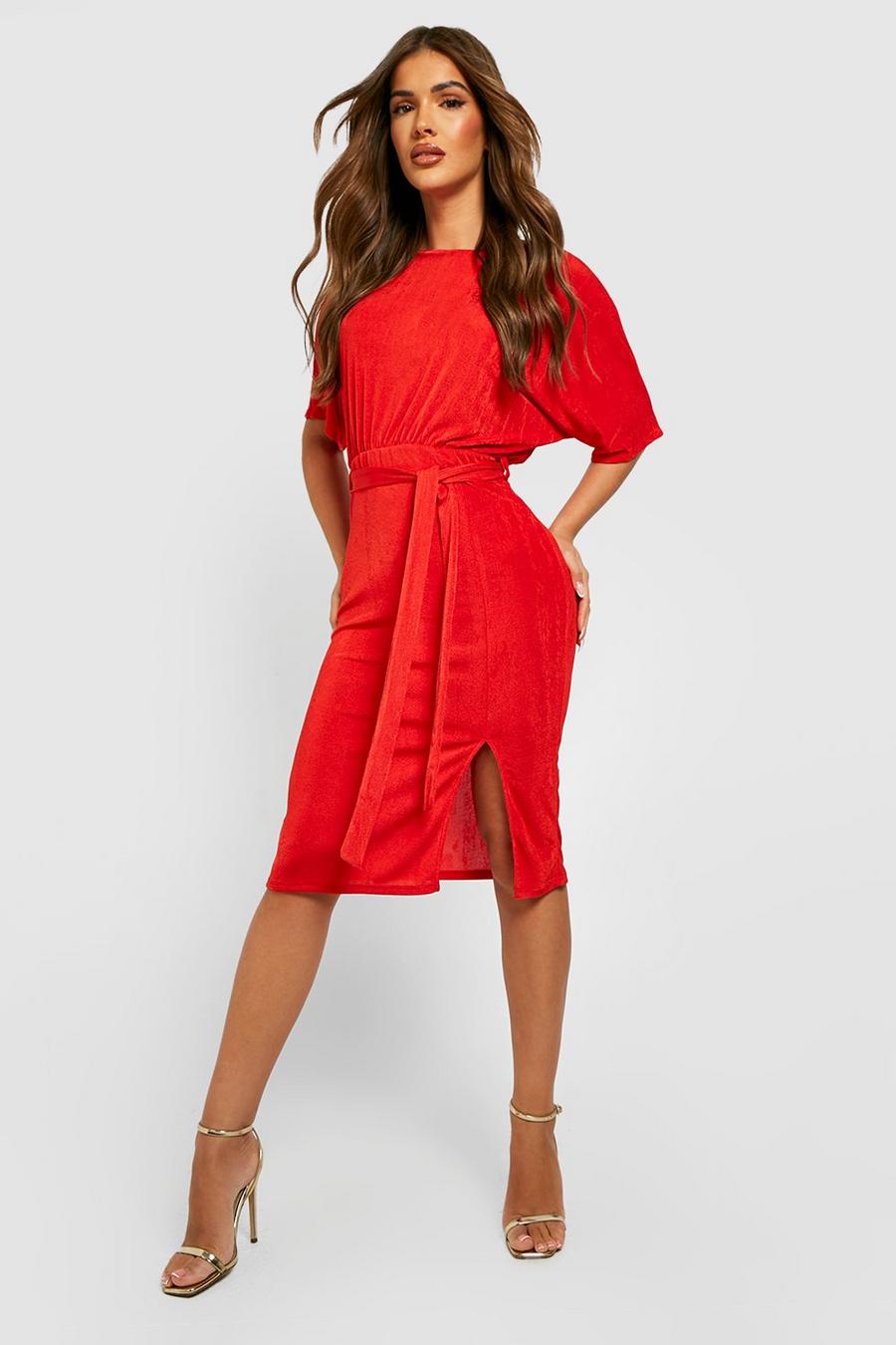 Red Textured Slinky Blouson Belted Midi Dress image number 1