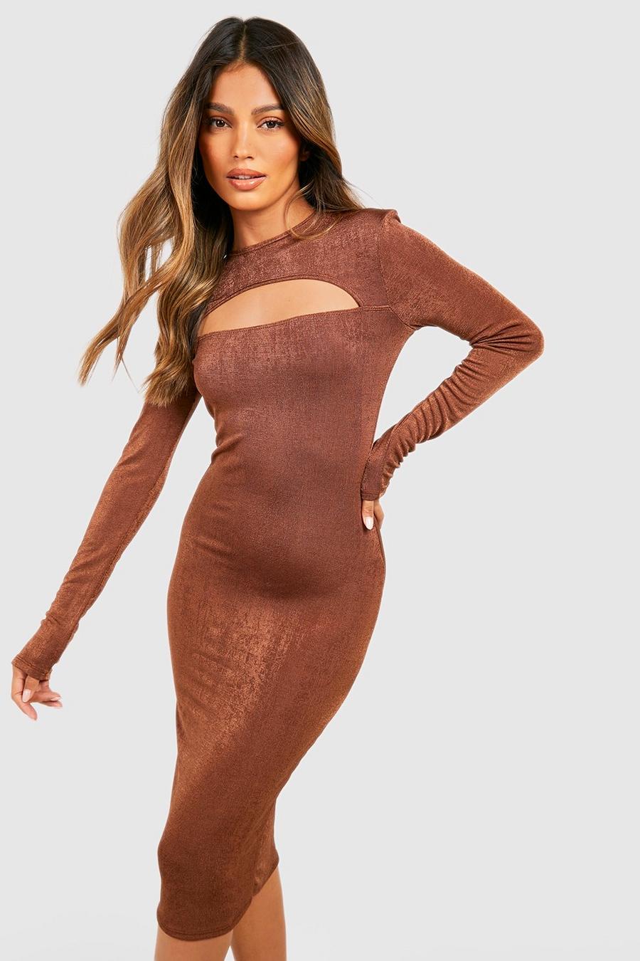 Chocolate Textured Slinky Cut Out Midi Dress image number 1