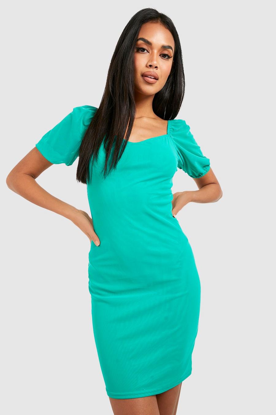 Bright green Basic Mesh Puff Sleeve Mini Dress