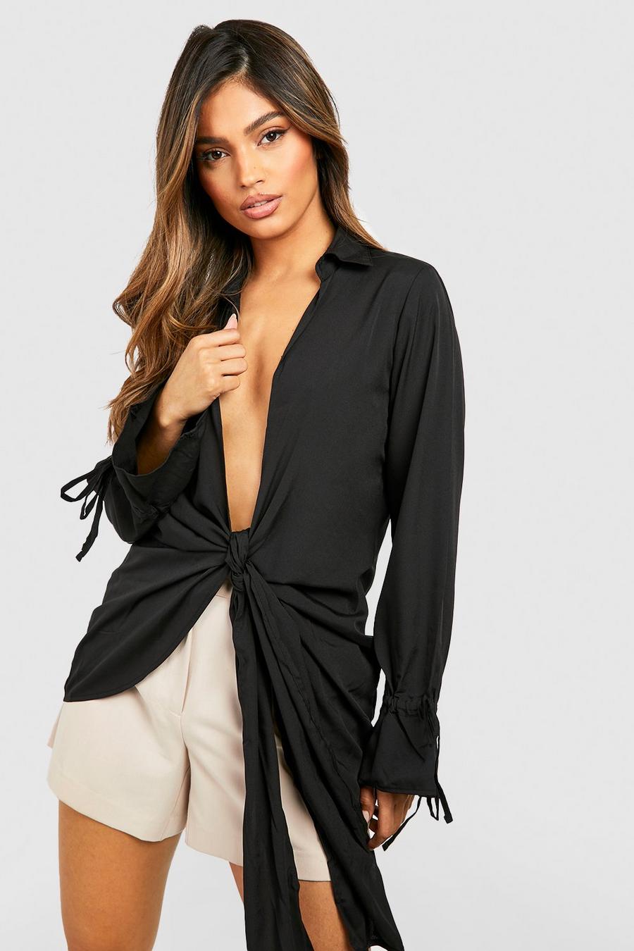 Black Tie Front Plunge Woven Shirt image number 1