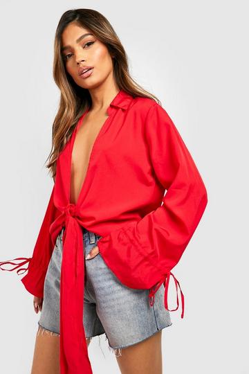 Tie Front Plunge Woven Shirt red