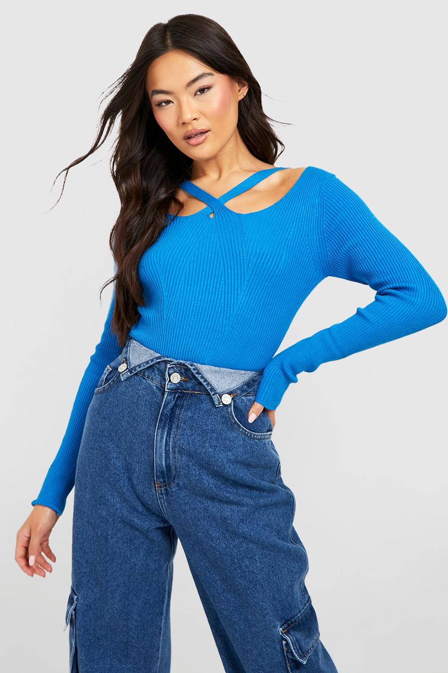 Blue Strappy Neckline Rib Knit Top image number 1