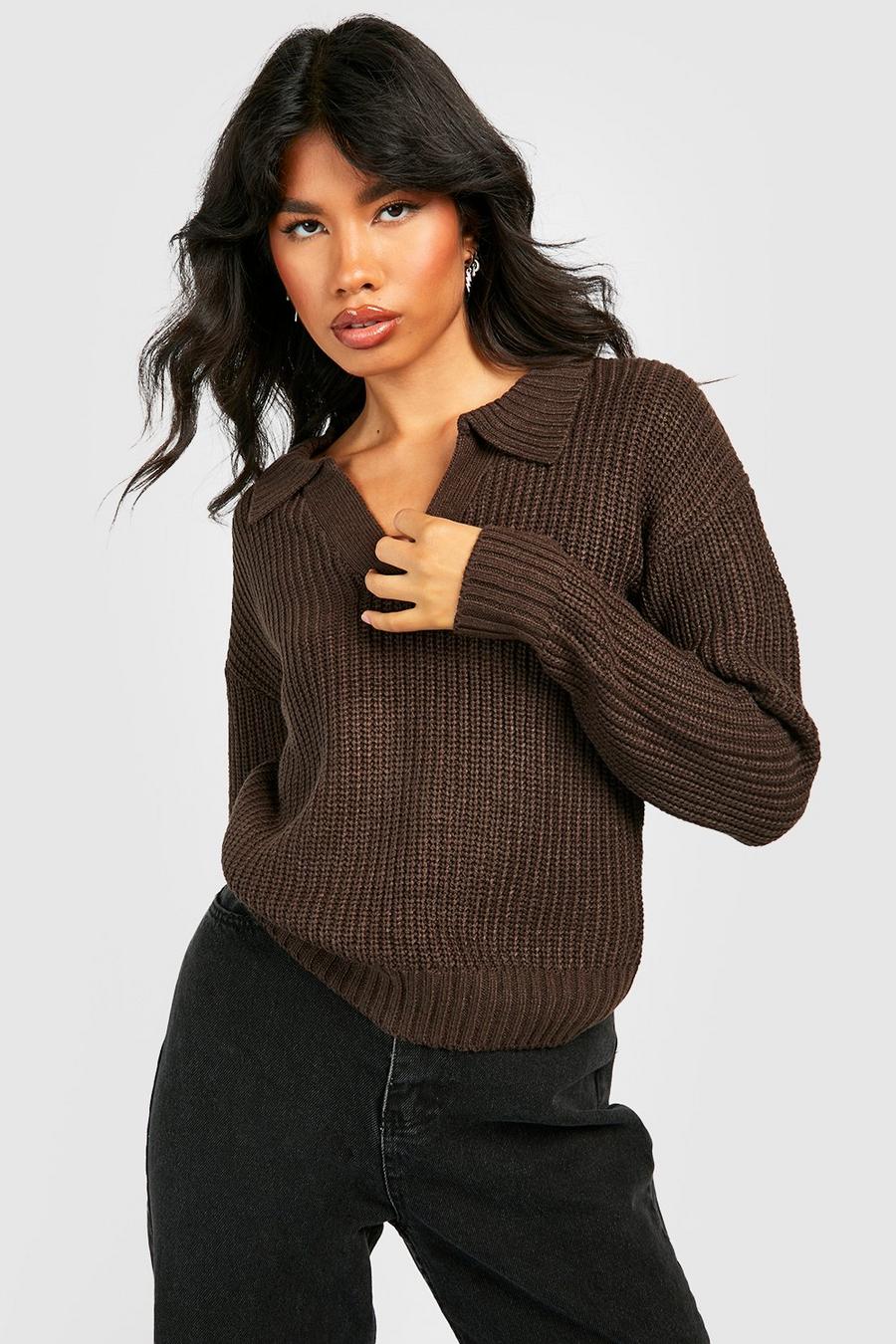 Brown Fisherman Knit Polo Collar Sweater