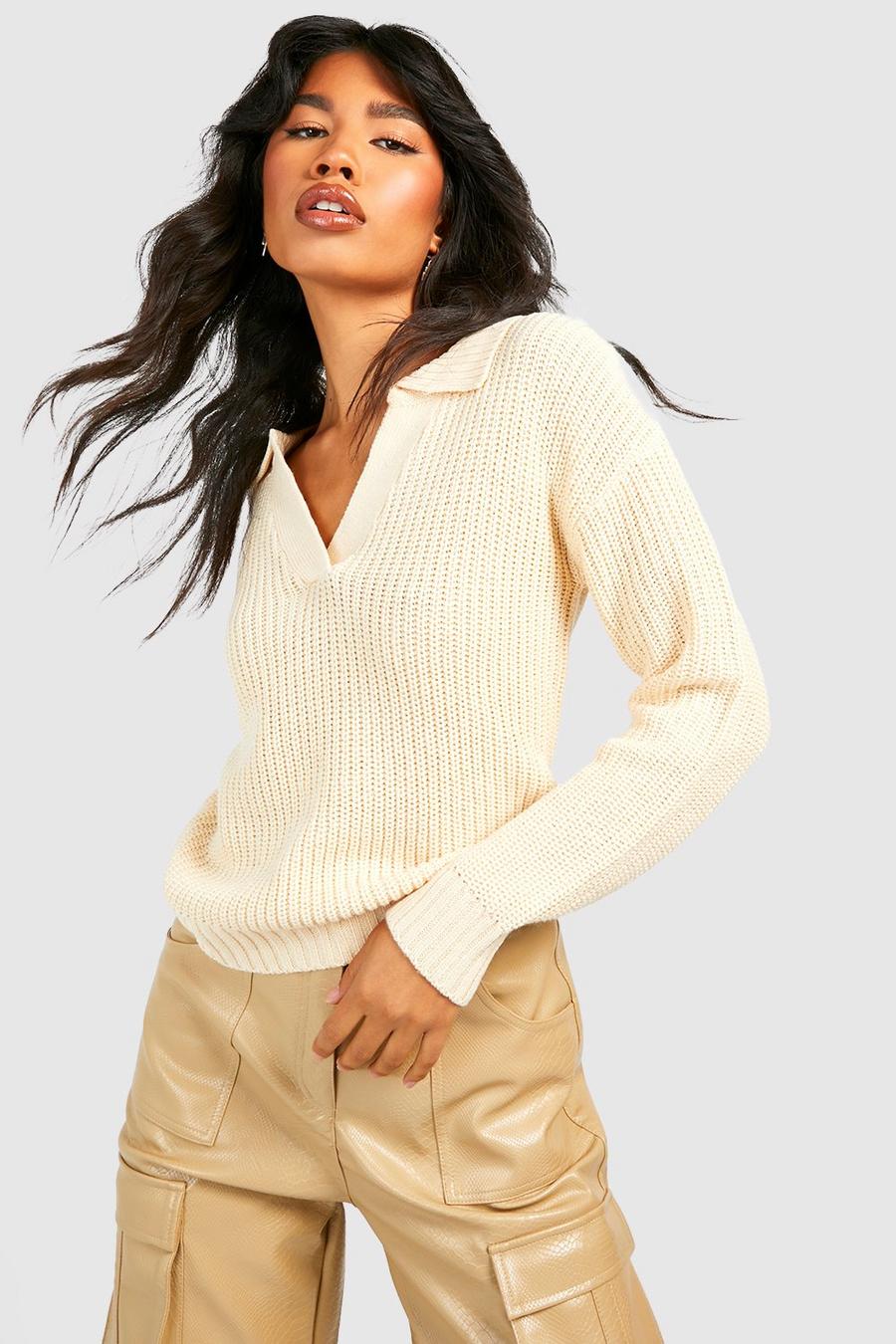 Ivory Fisherman Knit Polo Collar Sweater image number 1
