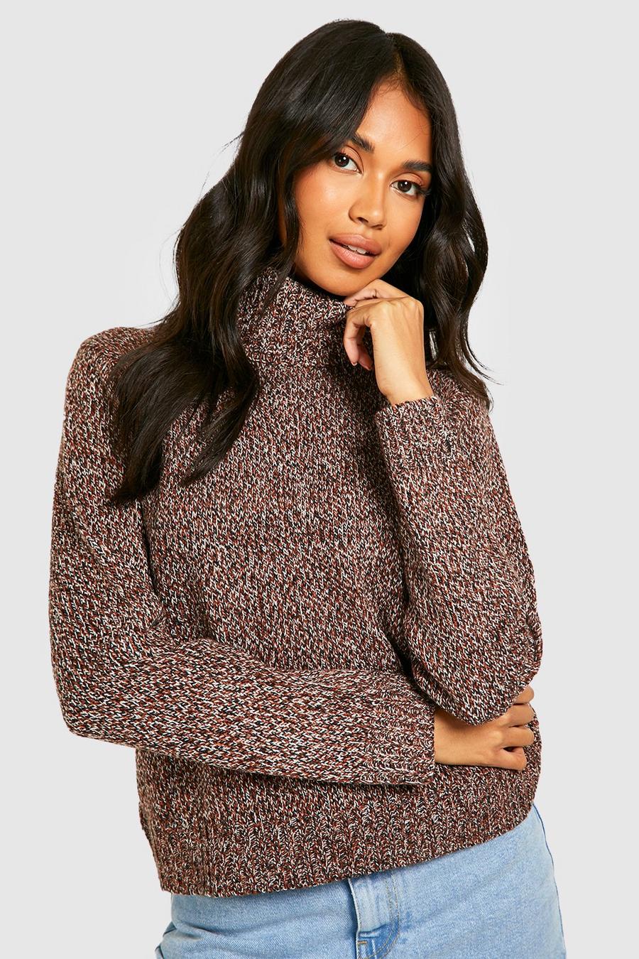 Chocolate Marl Knit Roll Neck Crop Jumper image number 1