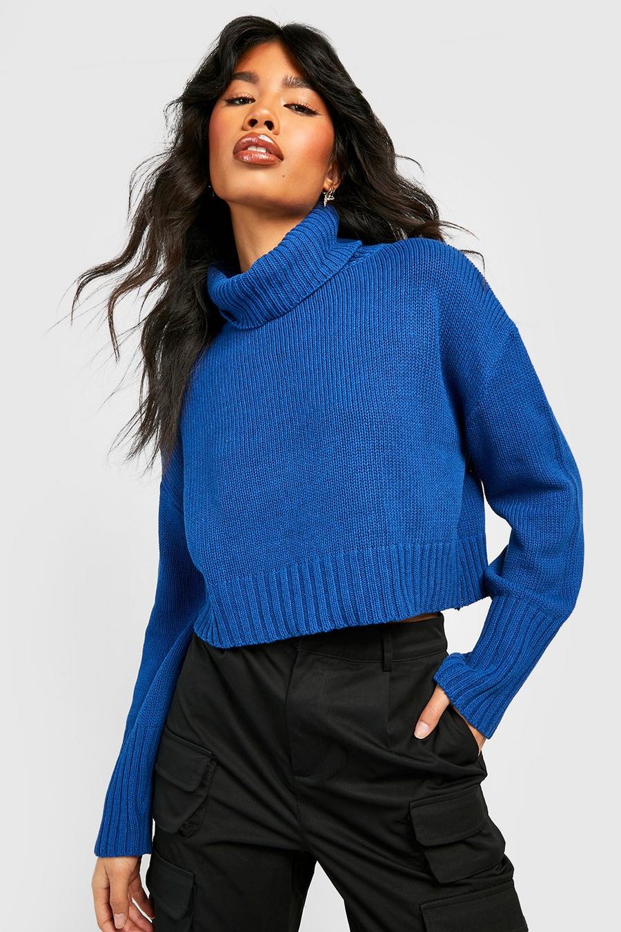 Cobalt blue Bright Turtleneck Crop Sweater image number 1