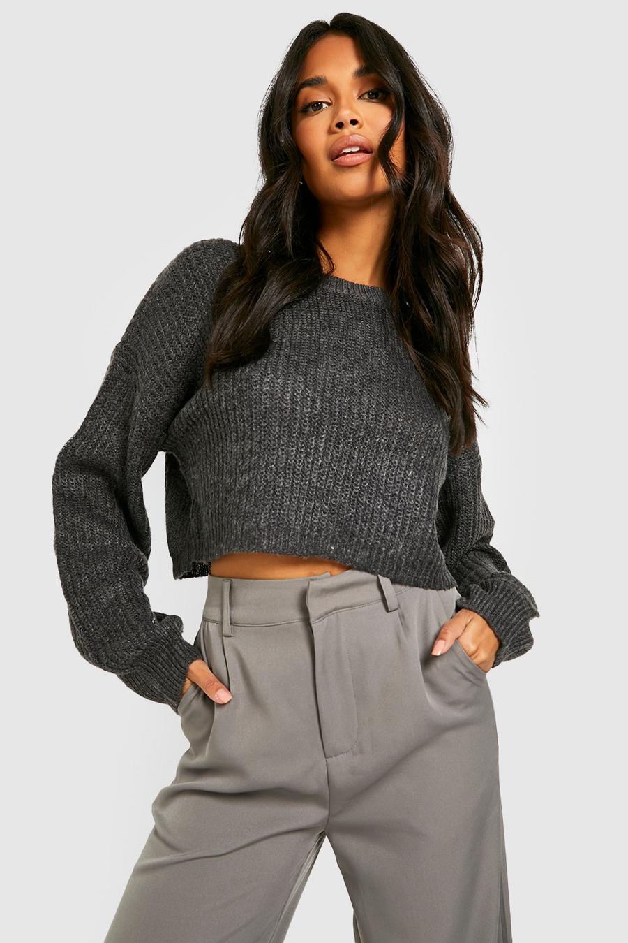 Charcoal Balloon Sleeve Crop Sweater image number 1