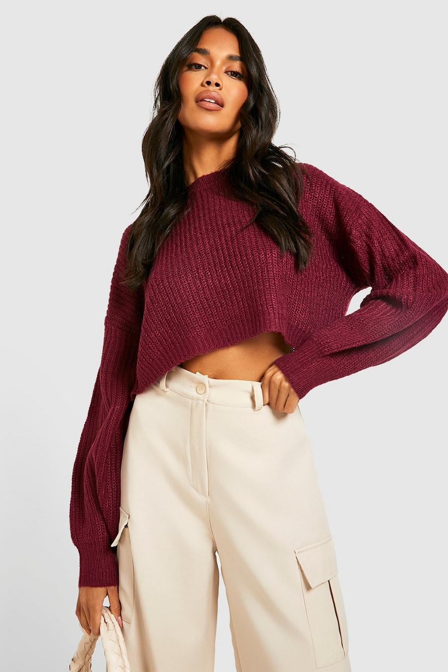 Wine red Balloon Sleeve Crop Sweater image number 1