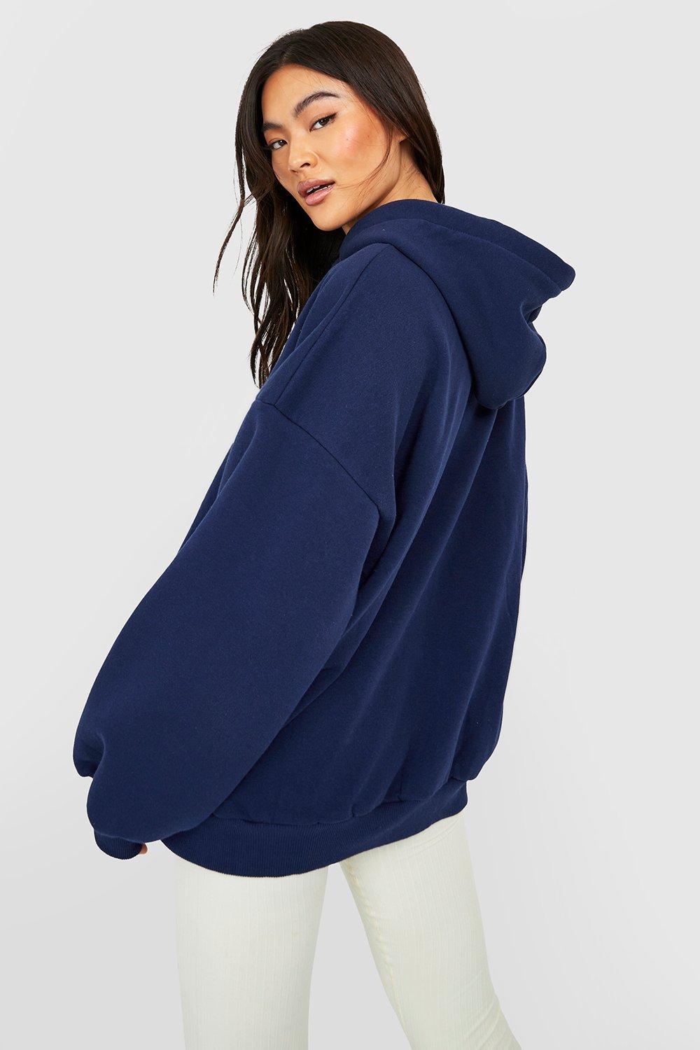 Women's Oversized Drawstring Collar Hoodie - Leather Accented / Zipper  Front / Navy Blue