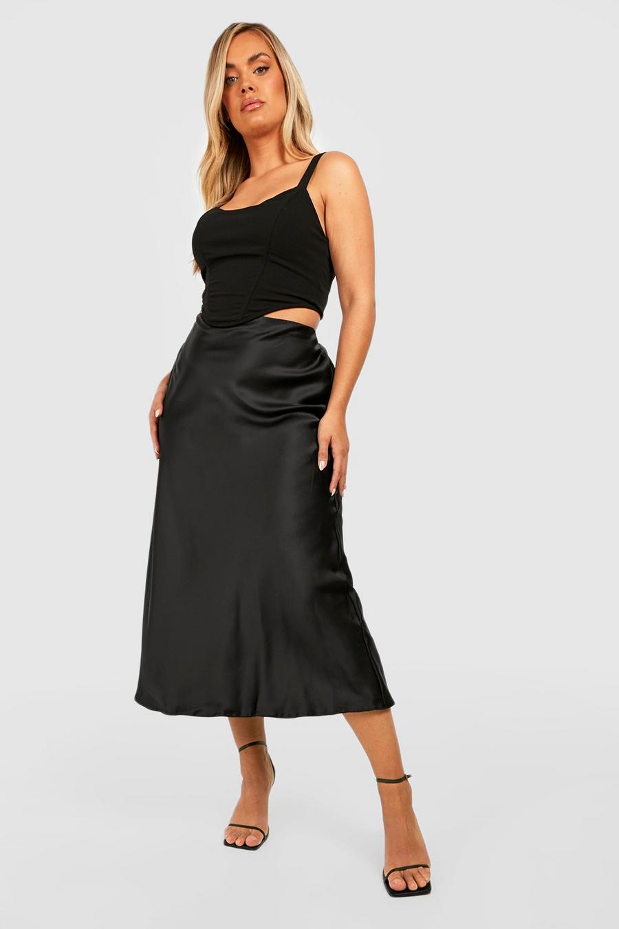 Black Plus Satin Bias Midi Slip Skirt image number 1