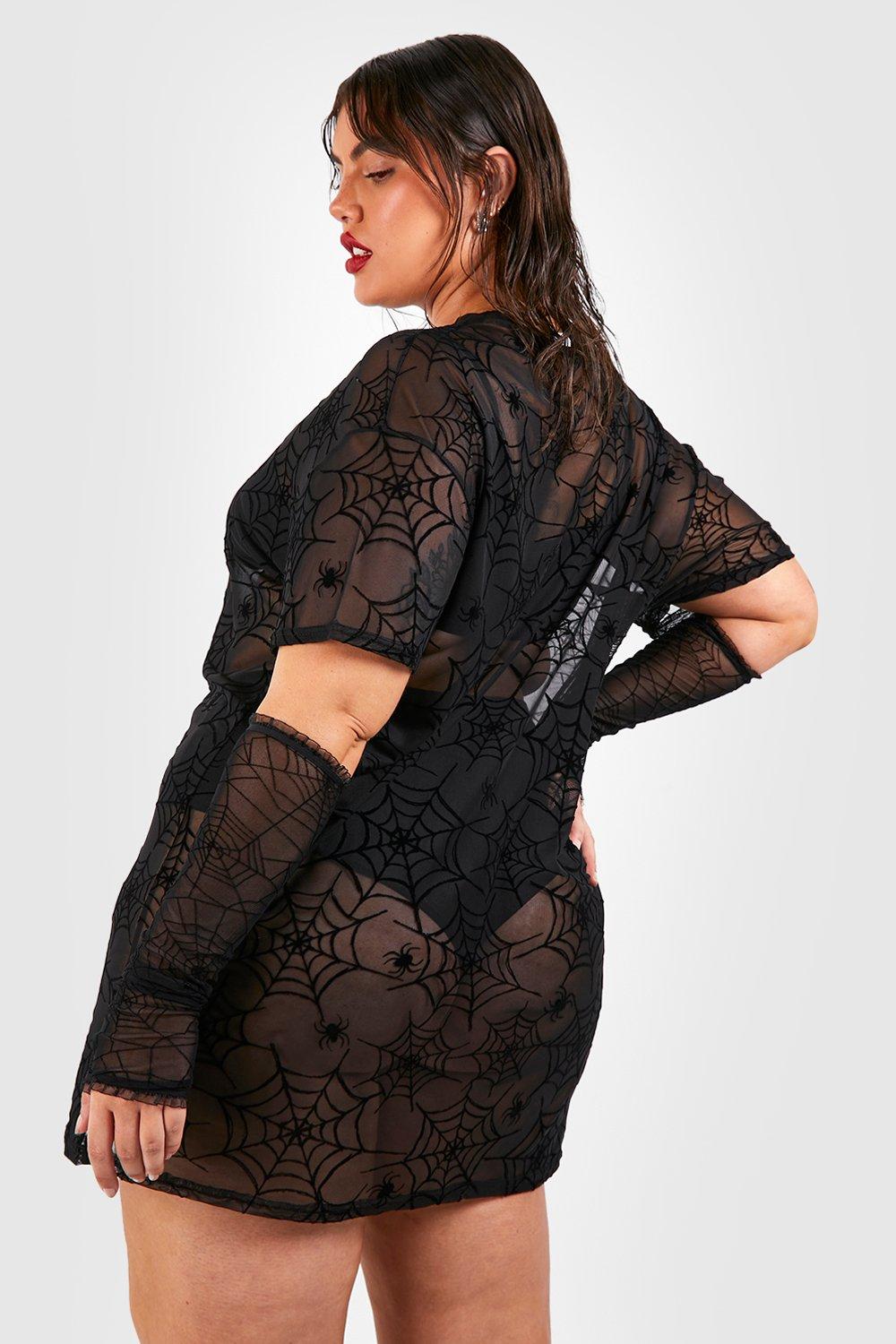 Women's Plus Halloween Spider Web Mesh T-shirt Dress