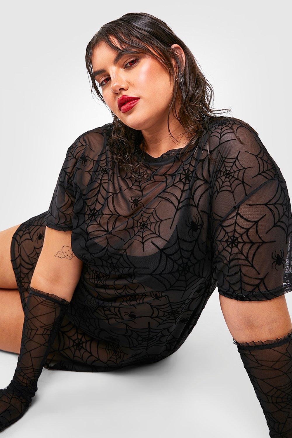 Plus Halloween Spider Web Mesh Bodysuit