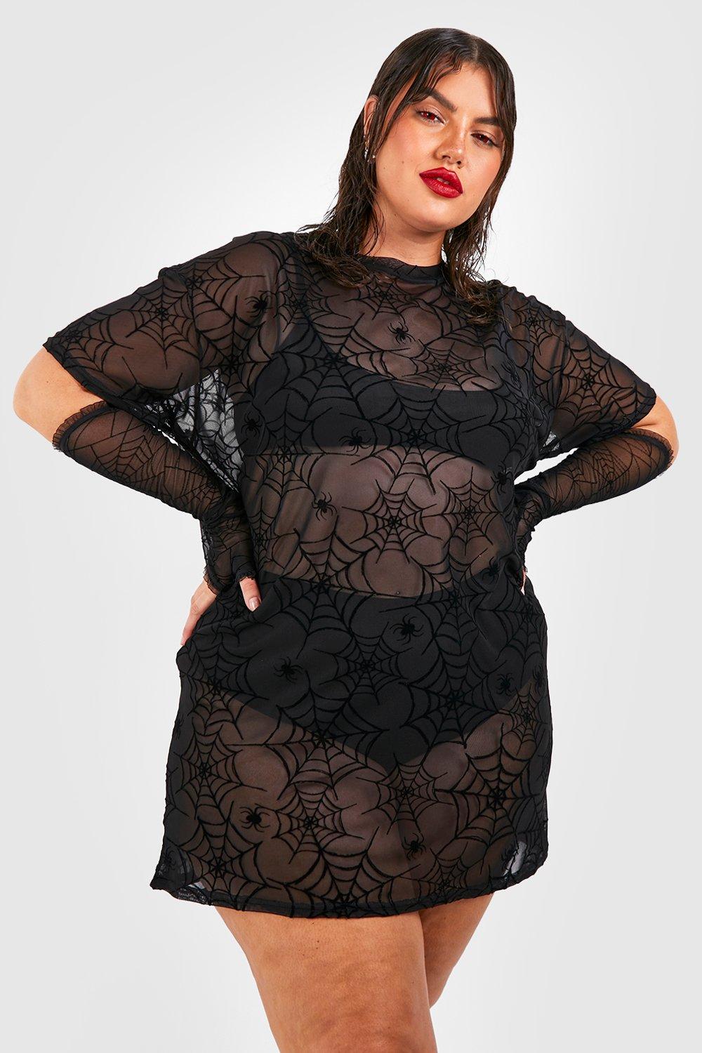 Plus Halloween Spider Web Mesh T-shirt Dress