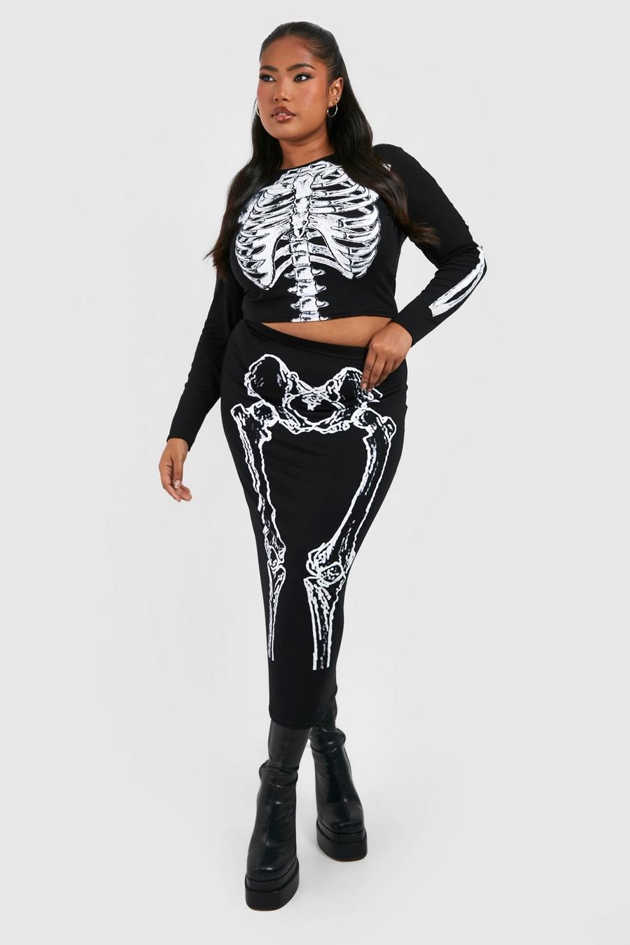 Grande taille - Ensemble avec jupe mi-longue à imprimé squelette - Halloween, Black noir