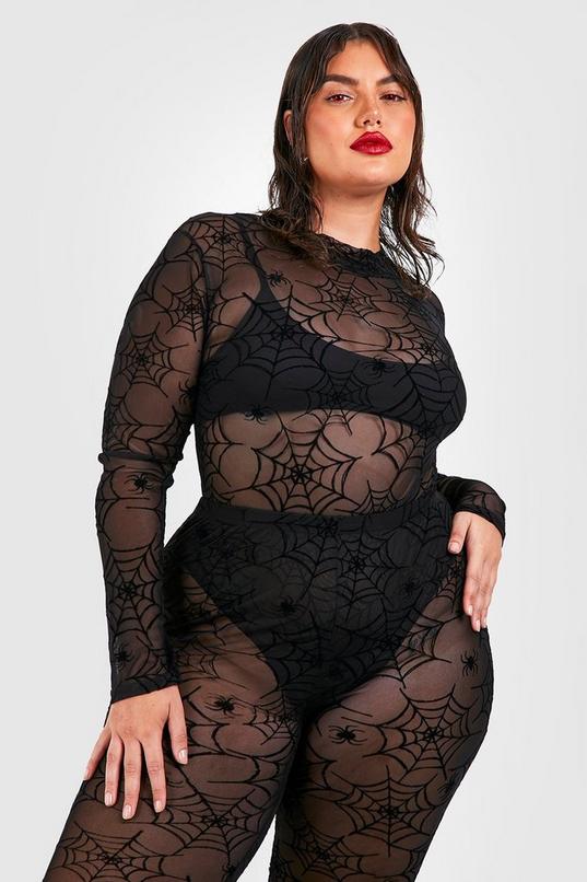 Women's Plus Halloween Spider Web Mesh Bodysuit