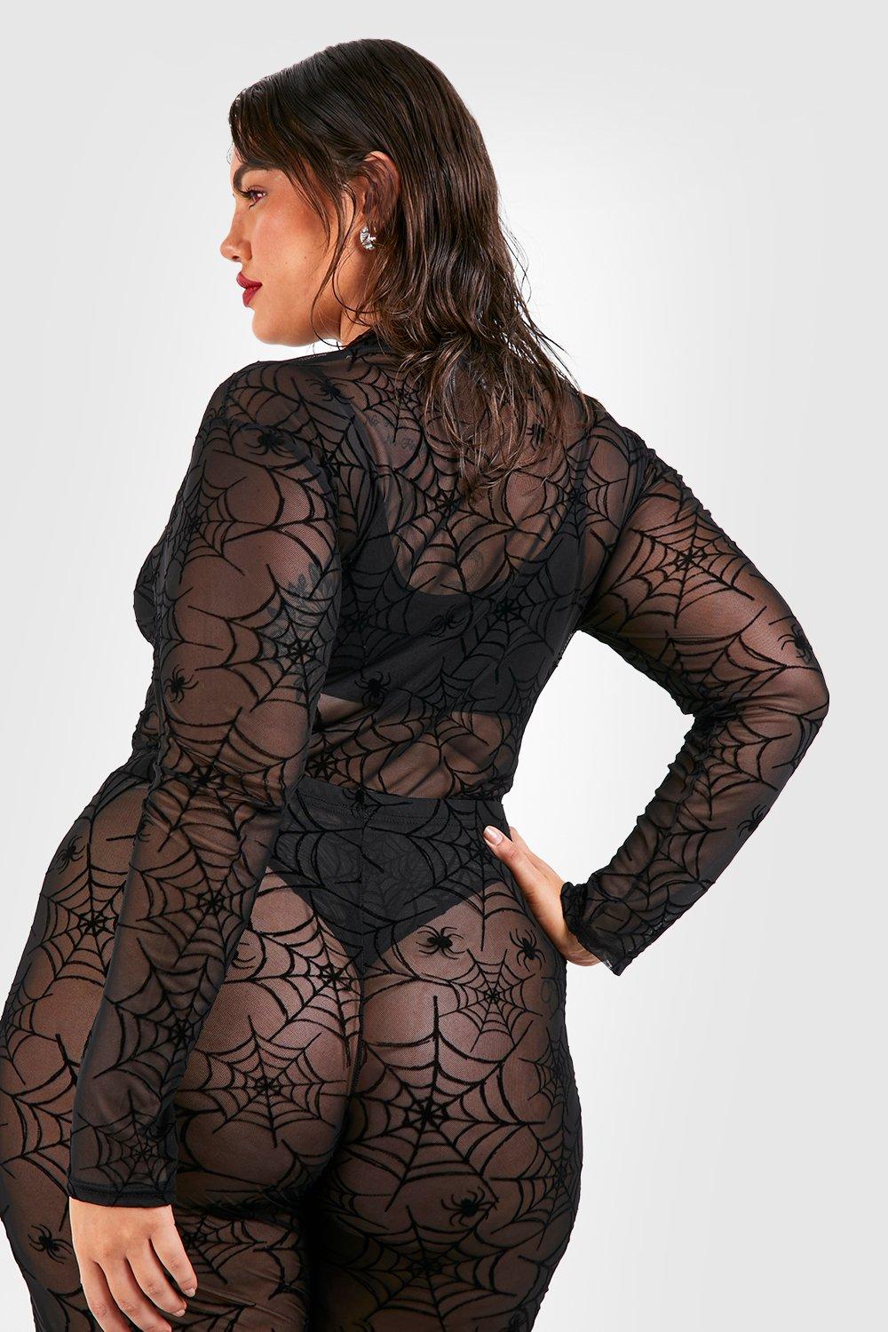 Women's Plus Halloween Spider Web Mesh Bodysuit