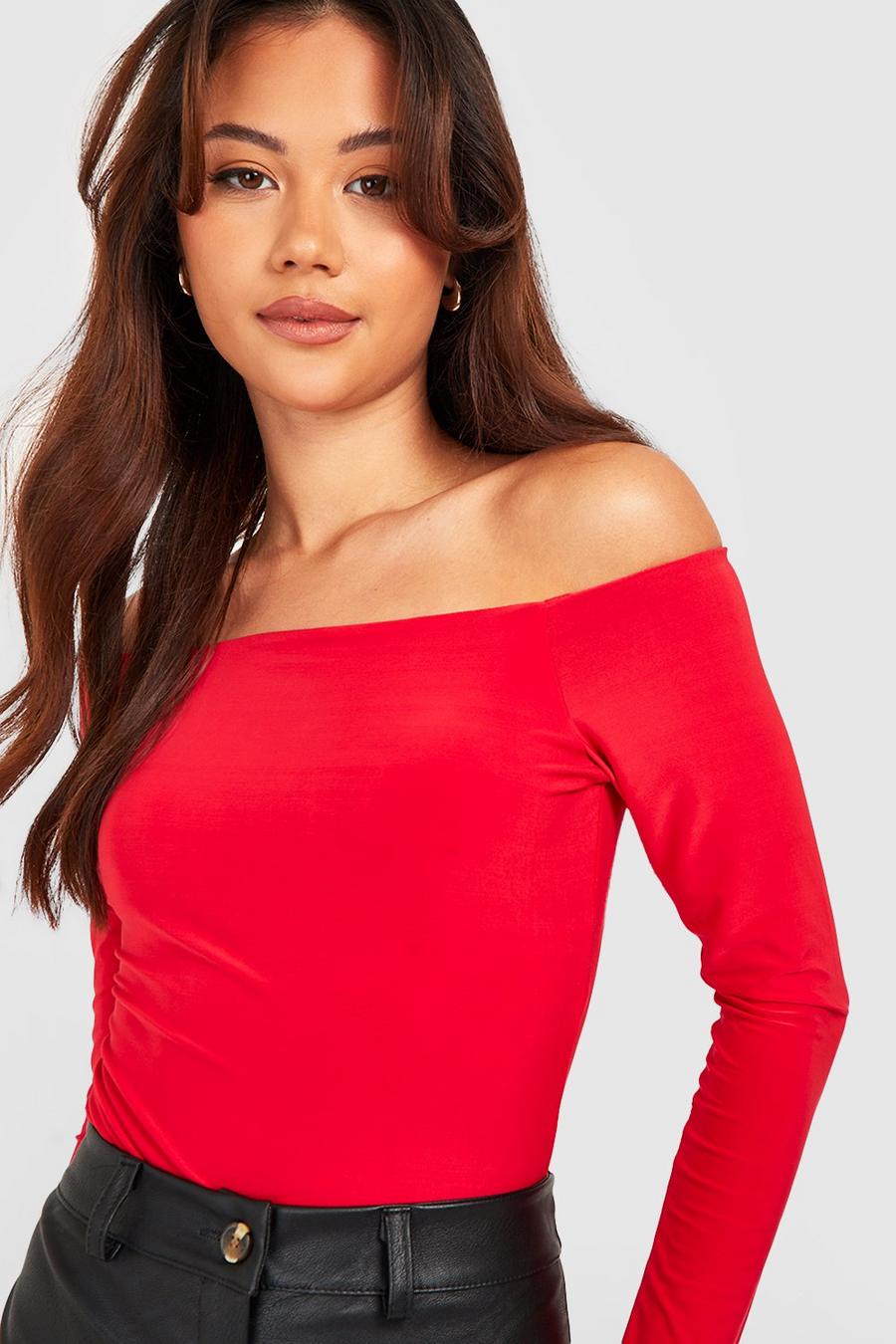 Red Petite Bardot Double Layer Slinky Bodysuit image number 1