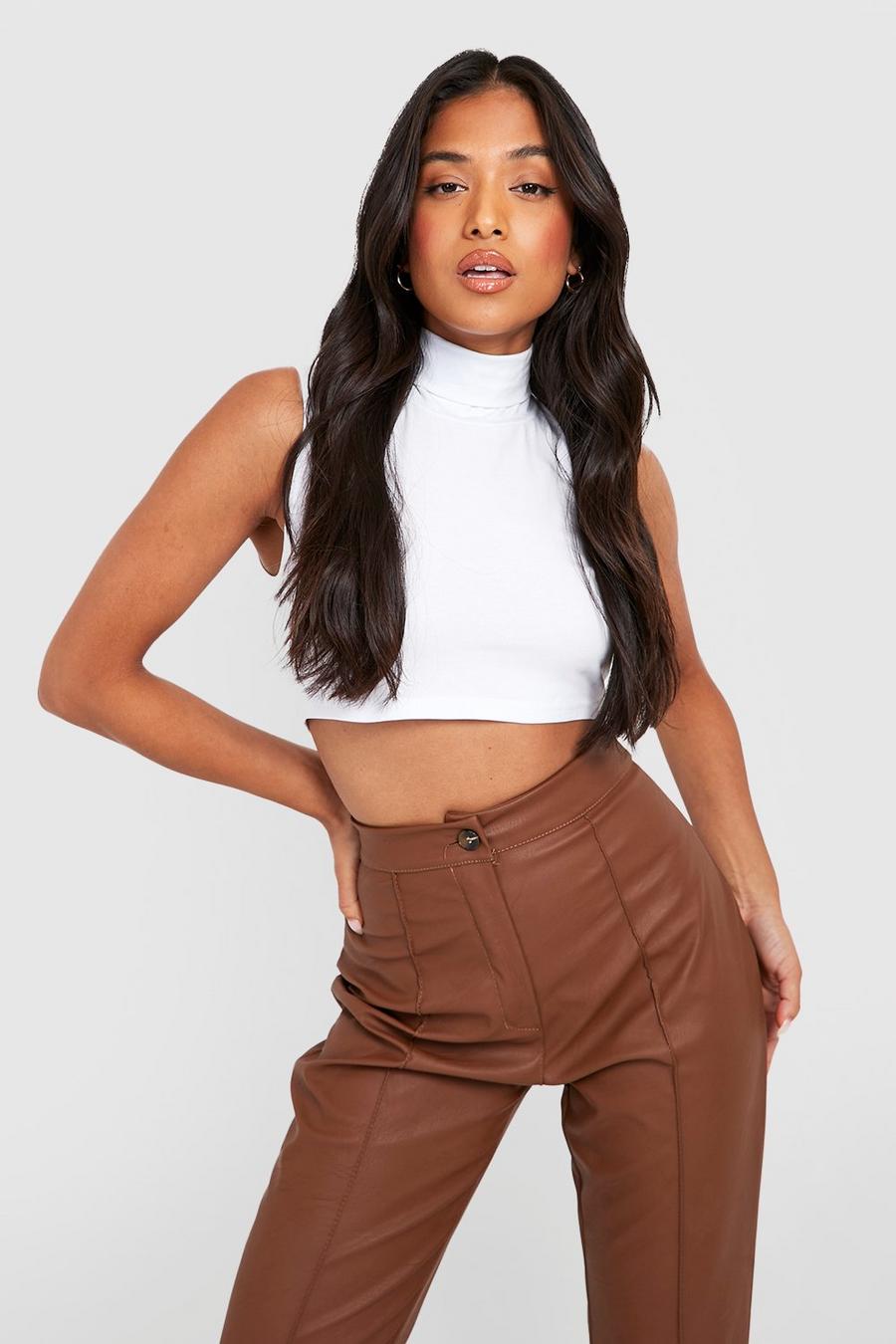 White Petite High Neck Basic Roll Neck Crop Top  image number 1