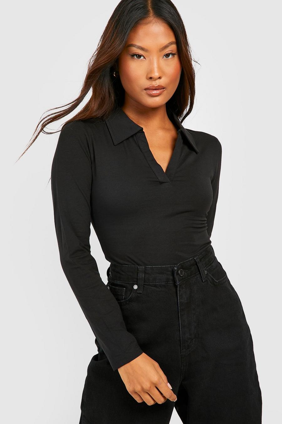 Black Petite Collared V Neck Long Sleeve Bodysuit