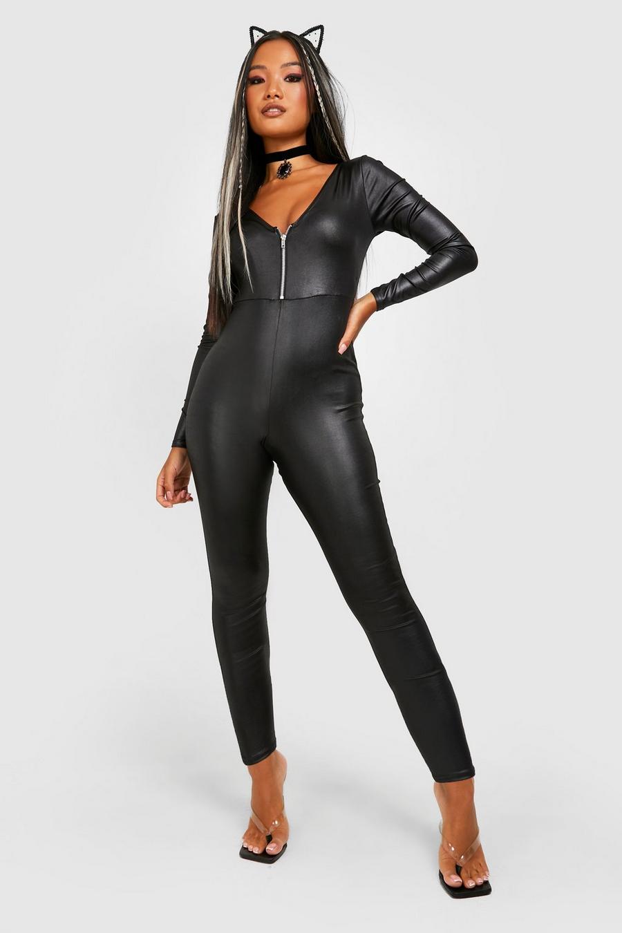 Black Petite Halloween Wet Look Zip Front Jumpsuit  image number 1