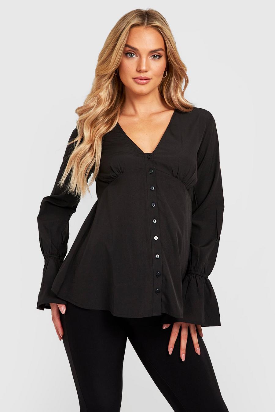 Black Maternity Button Front Flare Sleeve Blouse