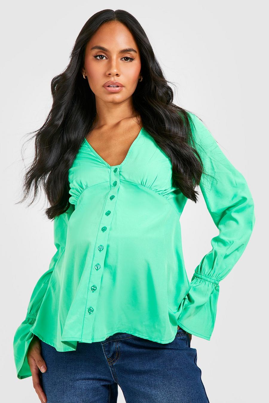 Green Maternity Button Front Flare Sleeve Blouse image number 1