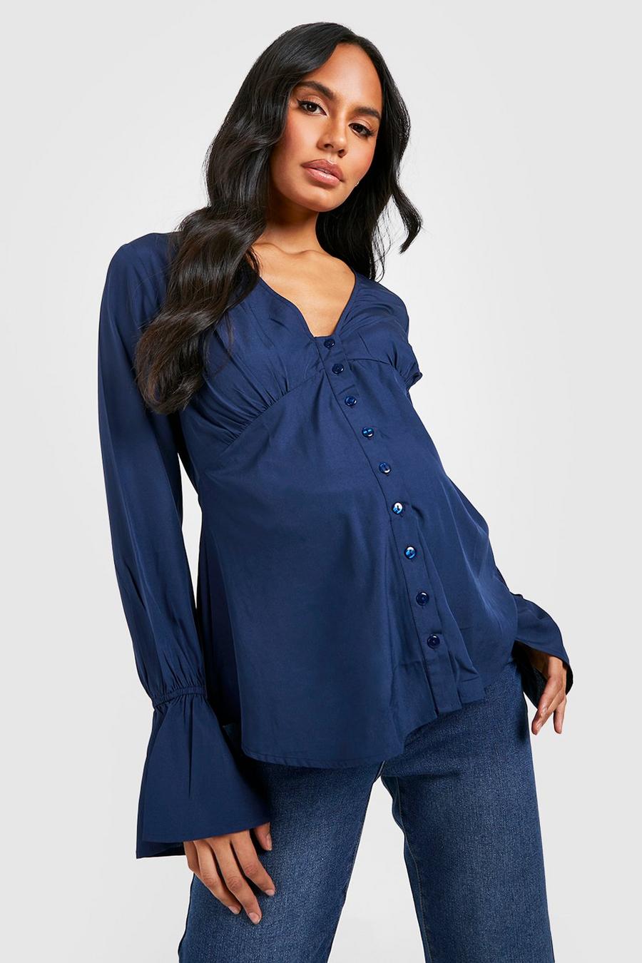 Navy Maternity Button Front Flare Sleeve Blouse