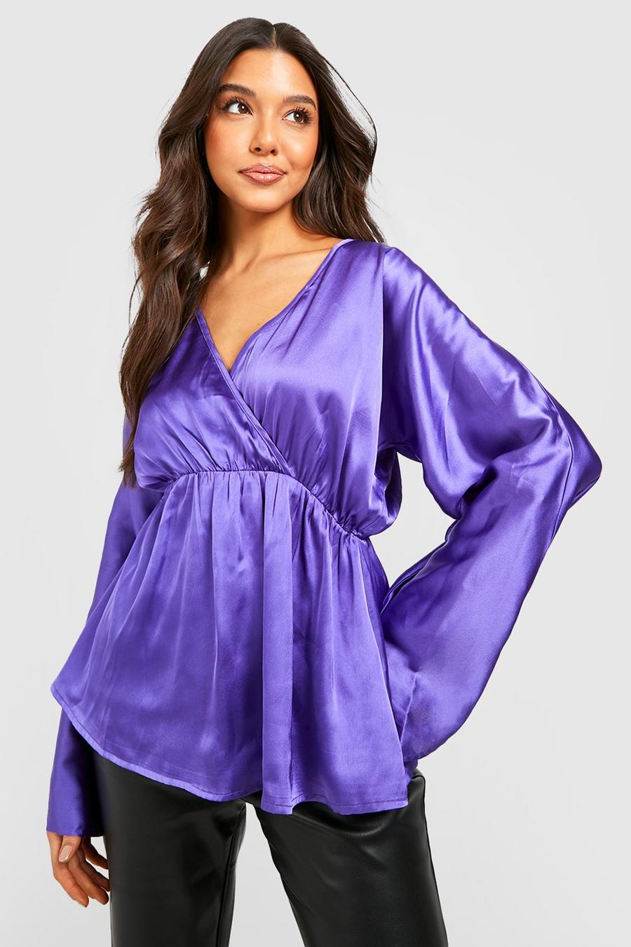 Purple Maternity Satin Kimono Sleeve Wrap Blouse