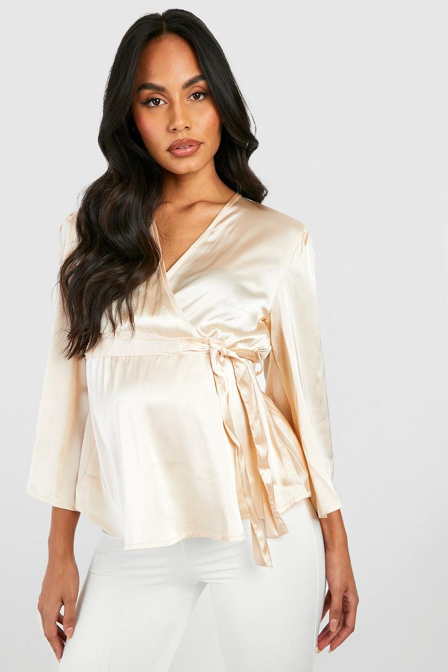 Champagne Maternity Satin Angel Sleeve Wrap Blouse image number 1
