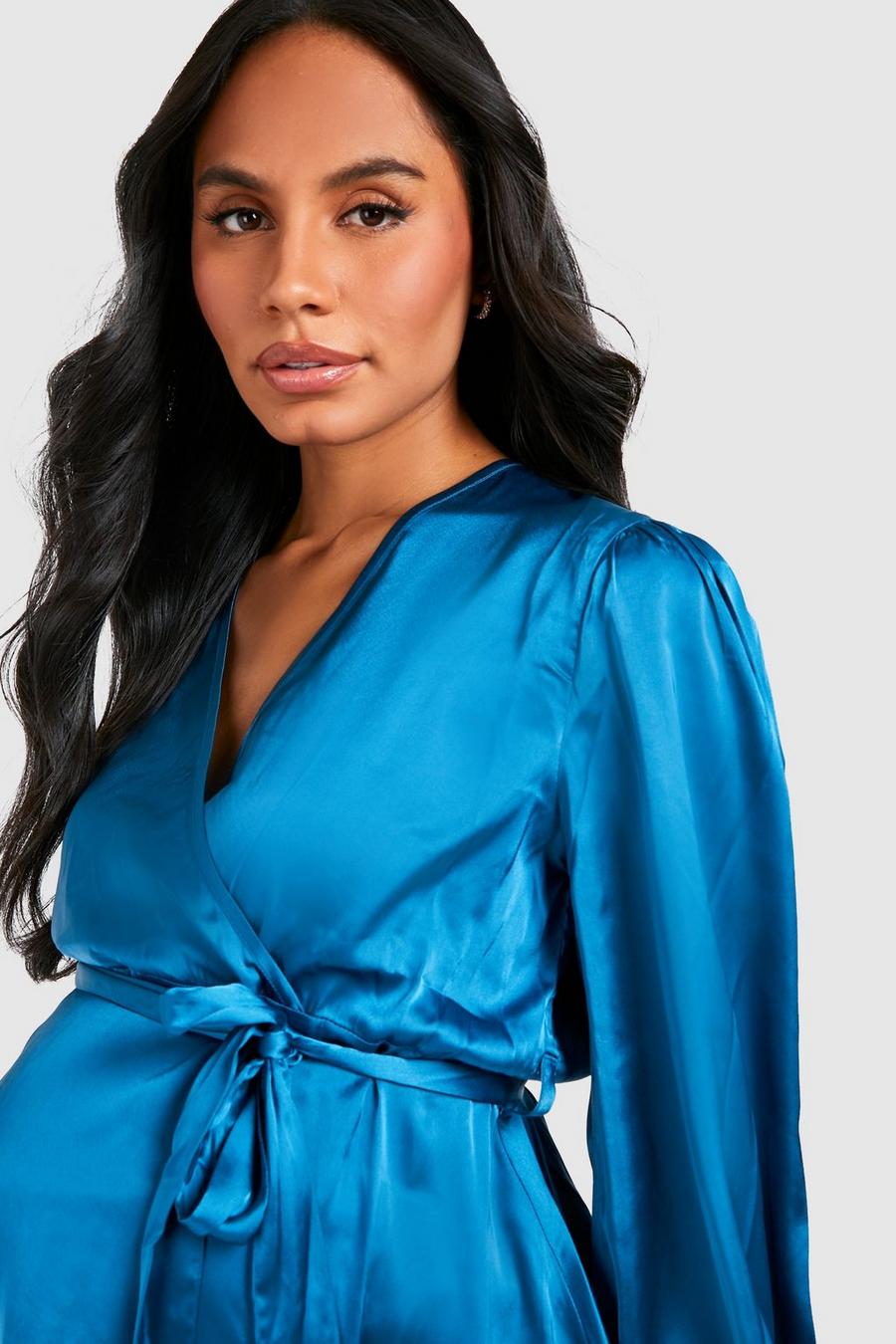 Teal Maternity Satin Angel Sleeve Wrap Blouse image number 1