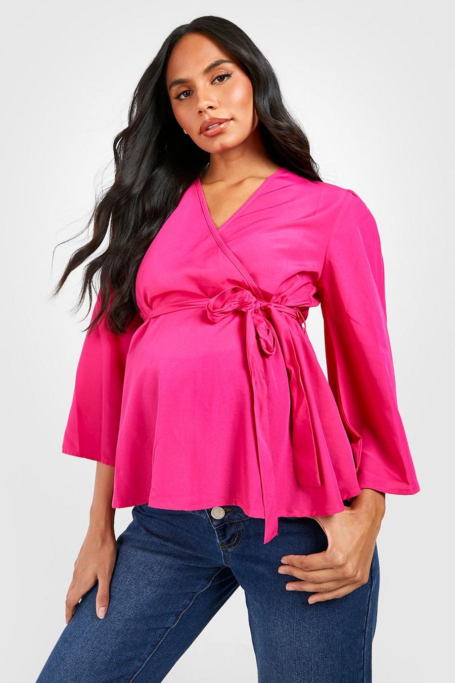 Hot pink Maternity Angel Sleeve Wrap Blouse image number 1