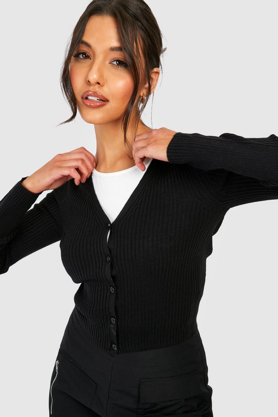 Cardigan Basic in maglia a coste, Black image number 1