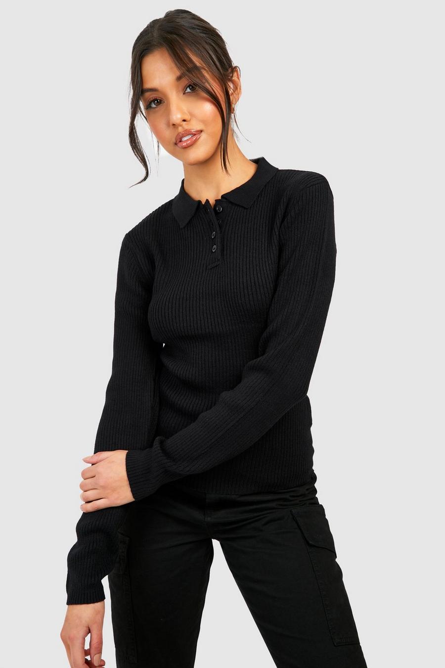 Black Polo Collar Rib Knit Top image number 1