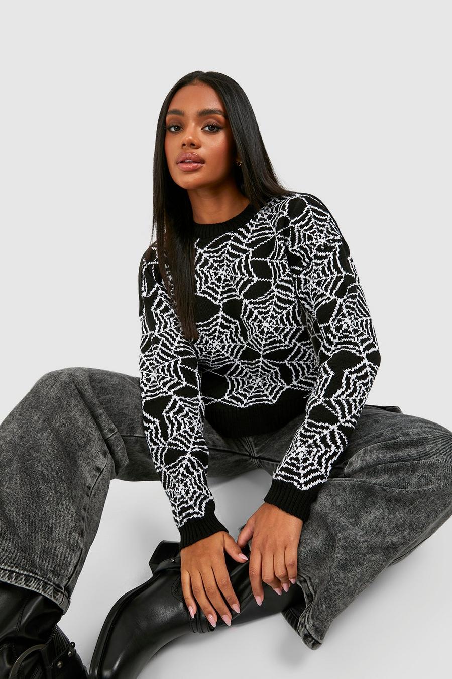 Black Halloween All Over Cobweb Crop Sweater image number 1