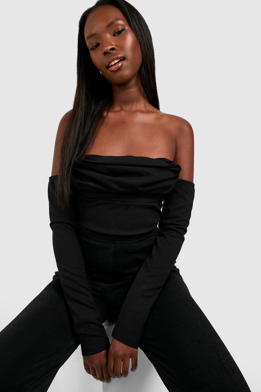 Black Drape Front Long Sleeve Bardot Bodysuit  image number 1