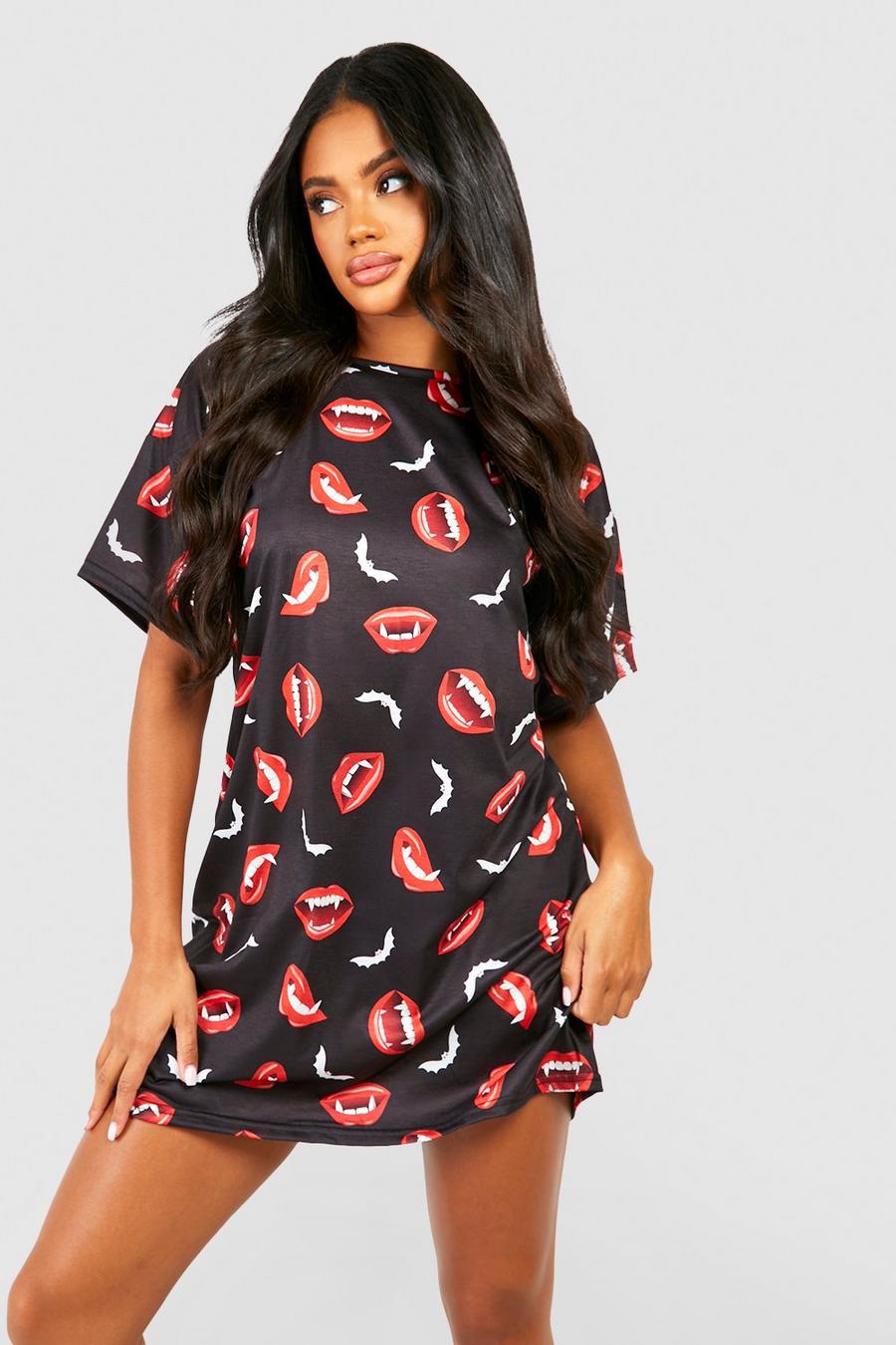 Black Halloween Lips & Fangs L T-shirt Dress image number 1