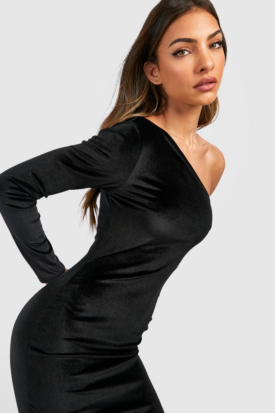 Black Velvet Asymmetric Midi Party Dress image number 1