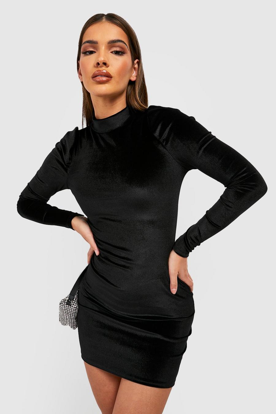 Black Velvet Puff Sleeve High Neck Mini Party Dress image number 1