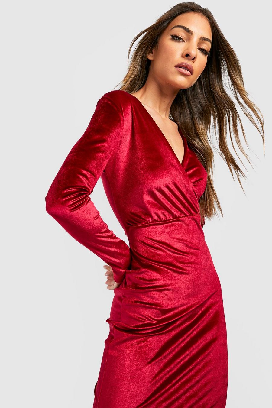 Berry red Velvet Wrap Midi Party Dress